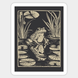 Frog in a Pond - vintage retro blockprint Sticker